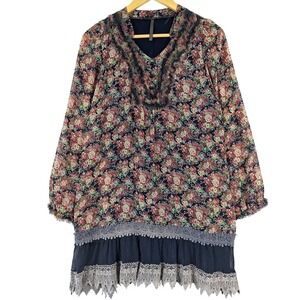 Womens Dress Medium Boho Tiered Layered Crochet Lace Peasant Floral Ruffle Mini‎